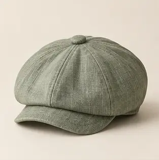 Sage Green Orchard Linen Newsboy Cap, eight-panel cap