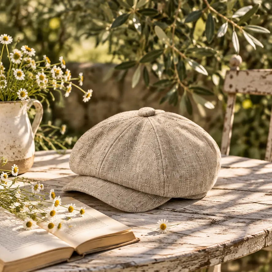 A quiet garden table with a newsboy cap and book